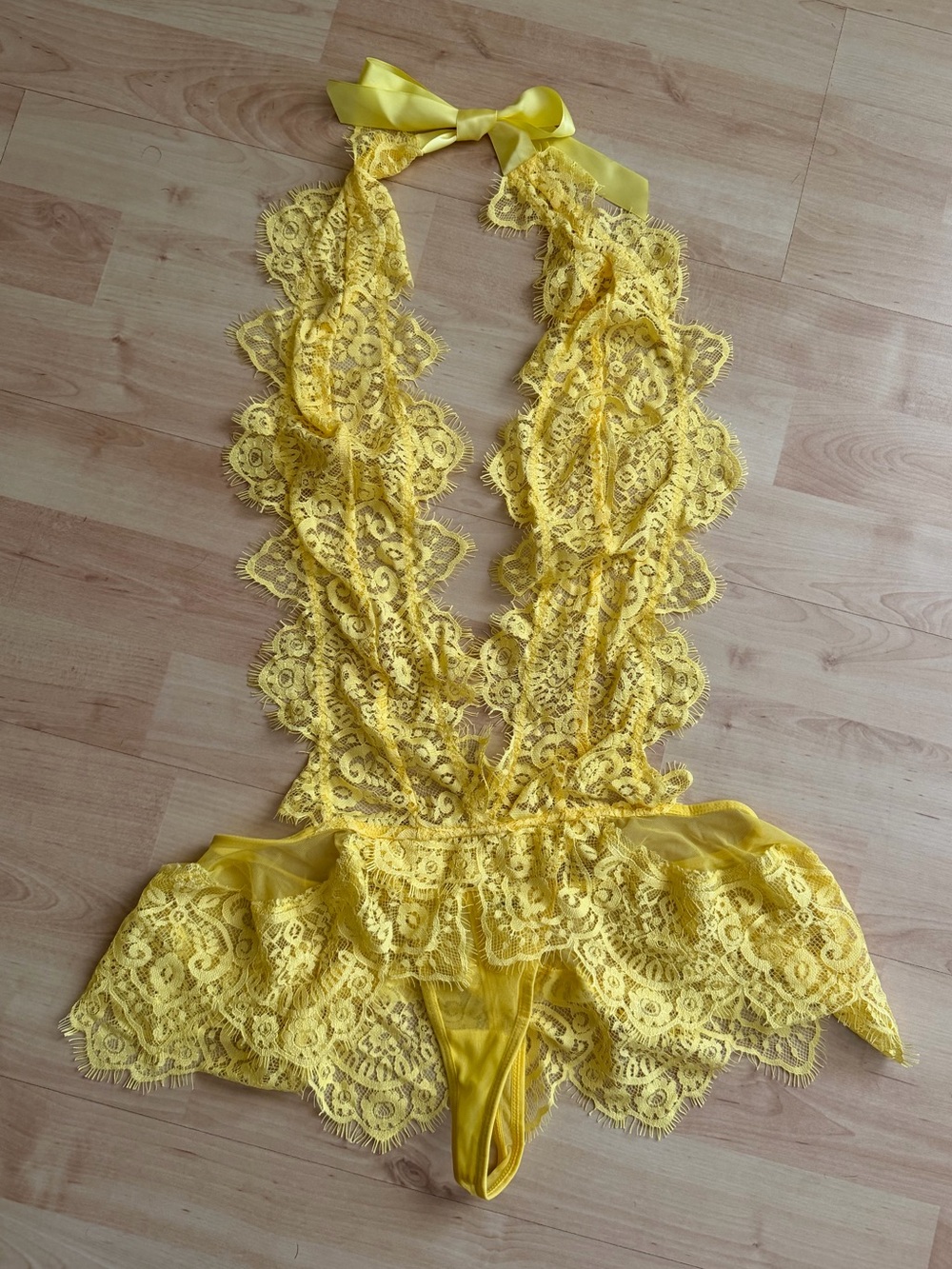 Yellow Lace Halter Teddy Bodysuit